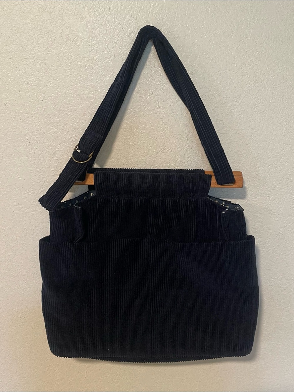 Vintage Corduroy Bermuda Bag Wooden Handle Preppy Purse Navy Blue
